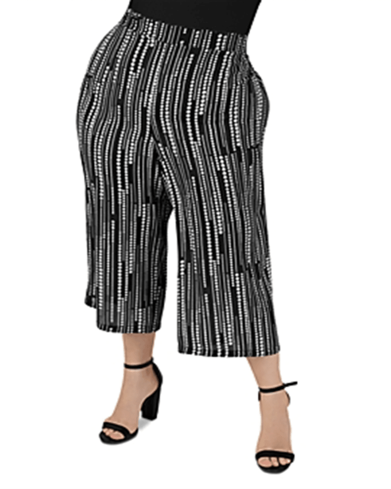 Front of a model wearing a size 16 Maree Pour Toi Women's Dotted Line Cropped Pants Black 16 in Black by Maree Pour Toi. | dia_product_style_image_id:307276